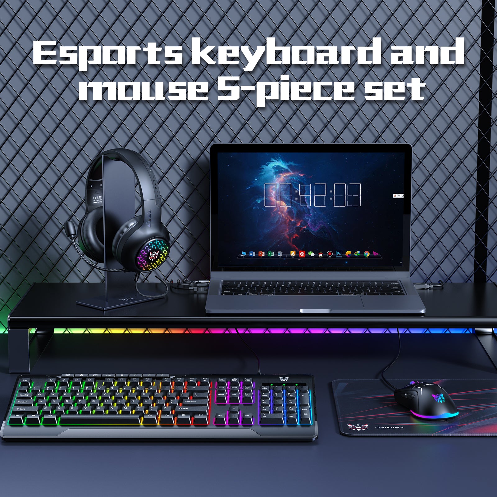 ONIKUMA TZ5006 Juego combinado de juegos 5 en 1: mouse/teclado/auriculares/soporte para audífonos/alfombrilla para mouse