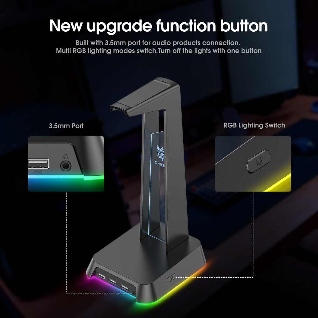 Soporte para auriculares para juegos ONIKUMA ST2 RGB con 3 puertos USB y AUX de 3,5 mm - Imagen 12